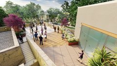 Rendering of guests enjoying rooftop terrace with string lights and trees