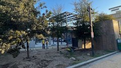 Construction area showing steel beams where the second floor of a building will be built