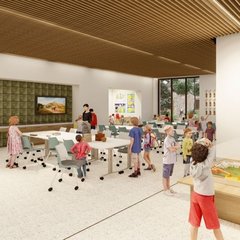 Rendering of classroom with a child at a Lego model by the window and others seated at tables