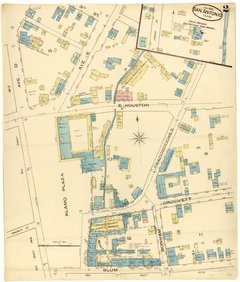 1885 Sanborn Map depicting Alamo Plaza, the Alamo, and surrounding vicinity