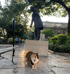 Bella standing in front of the William B Travis statue