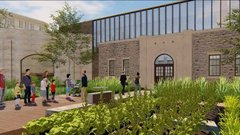 Rendering of education center with students outside next to a garden