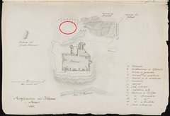 Figure 3. The 1836 Berlandier map depicting the Alamo fortifications. The area of what is now the Alamo Gardens, circled in red, appear to have the pond from the acequia, with a grove of trees further to the east. Jean Louis Berlandier Papers. Yale Collection of Western Americana, Beinecke Rare Book and Manuscript Library.
