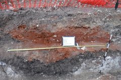 Rust colored rocky area in excavation plot