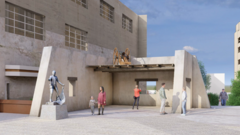 Rendering of outdoor exhibit of mission walls and a cannon on top