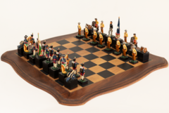 Open chess board with Battle of the Alamo chess pieces placed on both sides