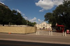 Alamo Plaza with covered fencing around the Long Barrack