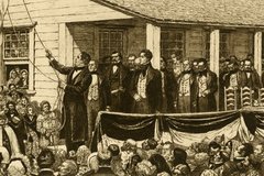 Etching depicting President Ansen Jones at the annexation ceremony, surrounded by crowds.