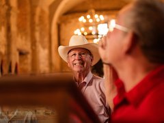 A visitor enjoying his visit to the Alamo Church.