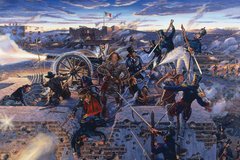 Soldiers in battle during the Battle of the Alamo