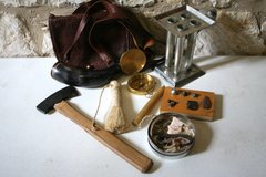 An assortment of replica 1830s tools.
