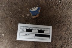 Blue and white ceramic fragment next to a ruler for size