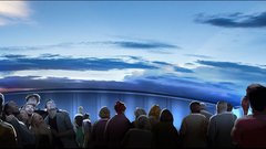 Rendering of guests in 4D theater lobby looking up at blue sky