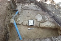 Limestone feature and two blue utility pipes in an excavation unit