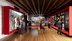 Rending of museum gallery with movie posters and Pee Wee Herman in front of the Alamo with a red bicycle