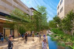 Rendering of pathway with stairs connecting the Alamo to the Riverwalk next to a water feature