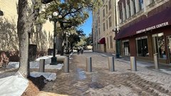 View of Crockett Street with bollards to keep out vehicular traffic