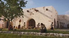 Rendering of Long Barrack during Mission Era with people working outside