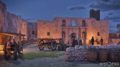 Rendering of Alamo Plaza in 1836 with no roop on Alamo Church