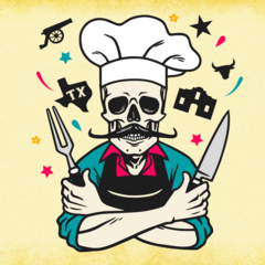 Graphic of calavera wearing a chef hat and holding cooking knives