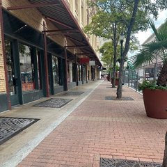 Red brick sidewalk area with tree planters