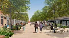Rendering of visitors walking along promenade with table seating and trees on either side