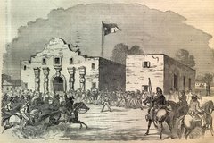 A hand-colored engraving of the Alamo with the Texas flag flying above it.