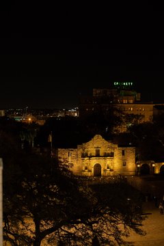 View of Alamo Church illuminated at night from La Vista Terrace