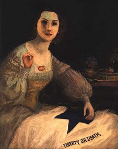 Women sewing a white Liberty or Death flag