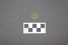 Front side of round loop shank coin on a gray surface next to a ruler for size