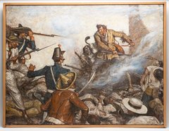 Painting of Davy Crockett during the Battle of the Alamo, with Texian and Mexican soldiers surrounding him.