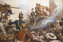 Painting of Davy Crockett during the Battle of the Alamo, with Texian and Mexican soldiers surrounding him.