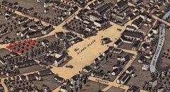 Figure 5. A section of Koch’s 1873 Bird’s Eye View depicting Alamo Plaza and the surrounding area. The location of the northeast area of the Alamo Garden is on the far left in image. Augustus Koch (1840–?). Bird’s Eye View of the City of San Antonio Bexar County Texas, 1873. Published by J. J. Stoner, Madison, Wis. Center for American History, The University of Texas at Austin.