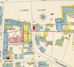 1896 Sanborn Fire Insurance Map with red arrow showing the path of acequia. 1896 map