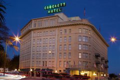 Street view of Crockett Hotel at night
