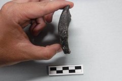 Side view of hand holding a pottery artifact