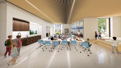 Rendering of classroom with long tables with children seated and some walking into the space