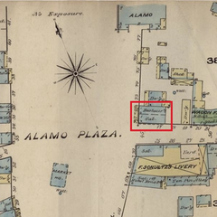 Saloon and restaurant at the corner of Alamo Plaza and Crockett Street on the 1877 Sanborn Fire Insurance Map.