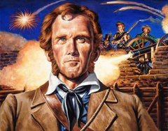 Portrait of William Travis in front of soldiers blasting a cannon