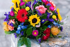 Colorful flower arrangement set in the courtyard