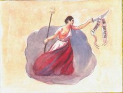 Woman holding a sword with banner that says Liberty or Death