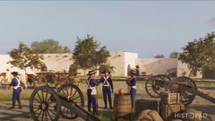 Rendering of Convento Courtyard with cannons and soldiers from Alamo de Parras company