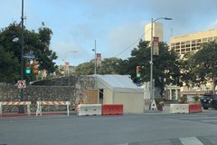White tented structure outside of Long Barrack