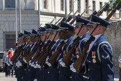 Members of U.S. Air Force Drill Team lined up outside Long Barrack