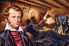 Artistic rendering of James Bowie sick in bed shooting at Mexican soldiers Artistic rendering of James Bowie sick in bed shooting at Mexican soldiers