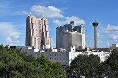 View of Tower of Americas and San Antonio skyline from La Vista Terrace