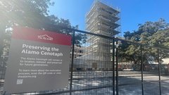 Fencing and scaffolding around Alamo Cenotaph