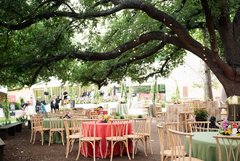 Round tables and rustic chairs set out for an outdoor event in Alamo Gardens