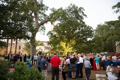 Large group of guests mingling at an event in Alamo Gardens