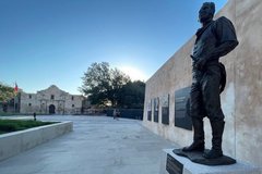 Statue of James Bowie outside of Mission Gate outdoor interpretation
